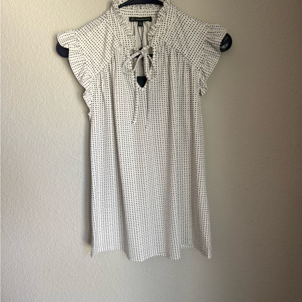 Adrianna Papell White Blouse with Black Dot Tie-Neck